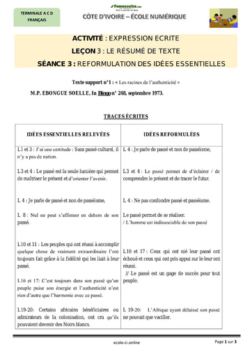 Le résumé de texte (formulation des idées essentielles)