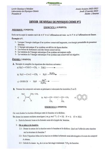Sujet de Physique-Chimie Niveau Première D Lycée Classique Abidjan 22-23