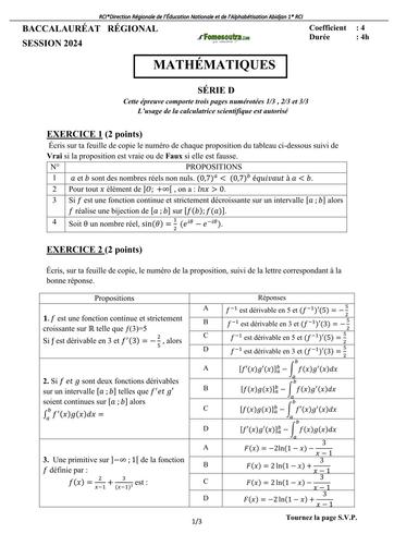Bac blanc régional 2023 dren Abidjan 1 sujet Maths Tle D by Tehua