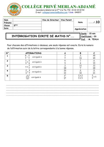 INTERROGATION ECRITE DE MATHS NIVEAU 5ième du 15 Janvier 2026 sur LES FRACTIONS BY TEHUA