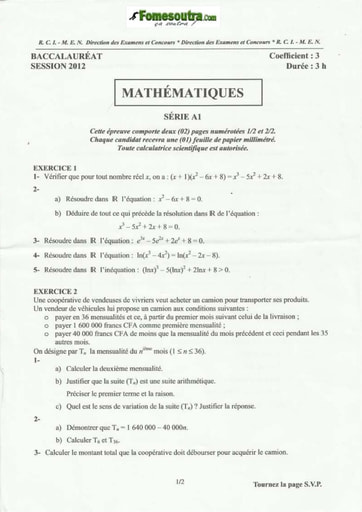 Sujet de Maths BAC A1 2012