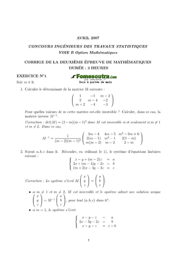 Corrigé 2ème épreuve de maths ITS B option Maths 2007 (ENSEA)