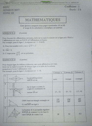 Sujet corrigé et barème de Mathématique BEPC 2017 zone 3