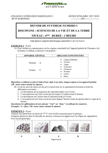 Devoir Sciences de la Vie et de la Terre (SVT) niveau 4eme - Collège Catholique M. Champagnat Korhogo