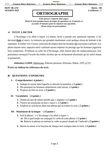 BEPC BLANC REGIONAL 2025 FRANCAIS ORTHOGRAPHE SUJET BY TEHUA
