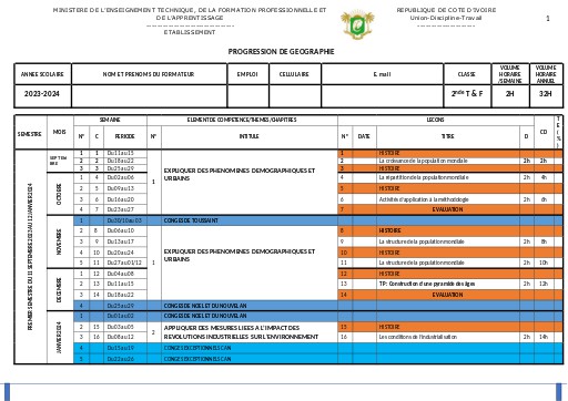 PROGRESSION 2023 2024 GEOGRAPHIE 2nde T & F