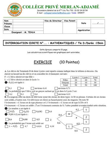 INTERROGATION ECRITE MATHS Tle D (PROBABILITE 2) NOVEMBRE 2025 MERLAN