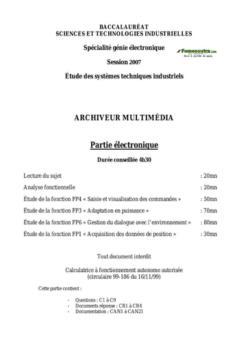 Sujet et corrigé Archiveur multimédia - Étude des Systèmes Techniques Industriels - BAC 2007