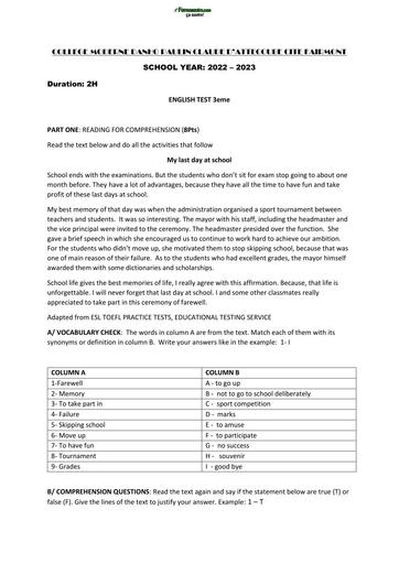 DEVOIR D'ANGLAIS 3ième  2023 BY TEHUA