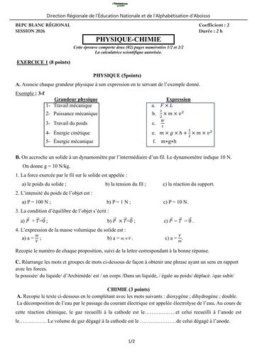 BEPC BLANC 2026 DRENA ABOISSO SUJET PC (SUJET) by TEHUA