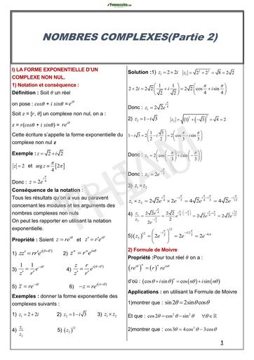 RESUME DE COURS ET SERIE D'EXERCICES Nombre complexe partie 2 BY TEHUA