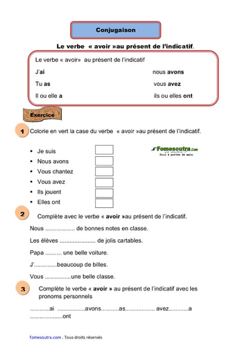 Le verbe « avoir »au présent de l’indicatif - Cours CE1
