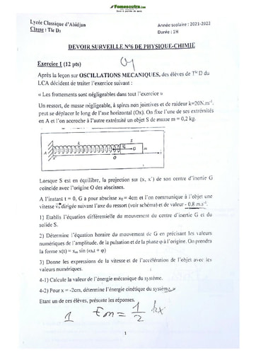 Devoir surveillé de Physique-Chimie Terminale D Lycée Classique Abidjan 2021-2022
