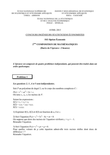 Sujet 2ème épreuve de maths ISE option économie 2013 (ENSEA - ISSEA - ENSAE)