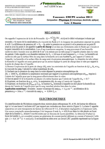 Sujet de Physique 6 concours AMCPE 2014