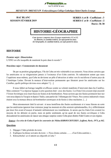 Sujet Histoire-Géographie BAC blanc 2019 série A B C et D -  Collège Catholique Saint Charles Lwanga