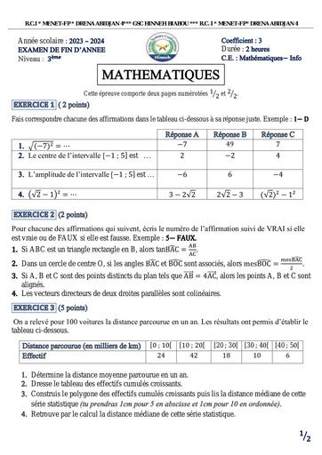 Sujet de maths BEPC BLANC 2024 HINNEH Biabou dren Abidjan 4 by Tehua