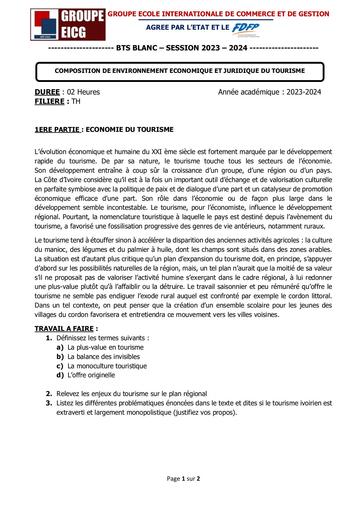 COMPOSITION DE ENVIRONNEMENT ECONOMIQUE ET JURIDIQUE DU TOURISME - SUJET EDT BTS By Ludov Ta'n TH