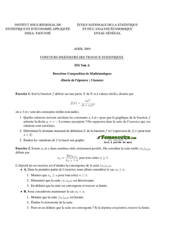 Sujet 2ème épreuve de maths ITS A 2009 (ENSAE - ISSEA)