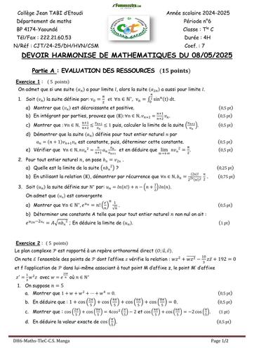 DEVOIR DE MATHS Tle C DH6 TC 2025 CAMEROUN BY TEHUA