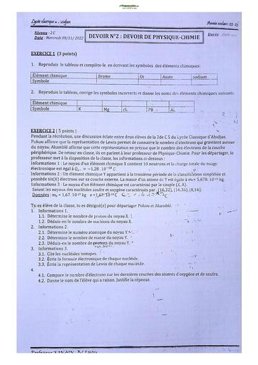 Sujet de Physique-Chimie Seconde C Lycée Classique Abidjan 2022-2023