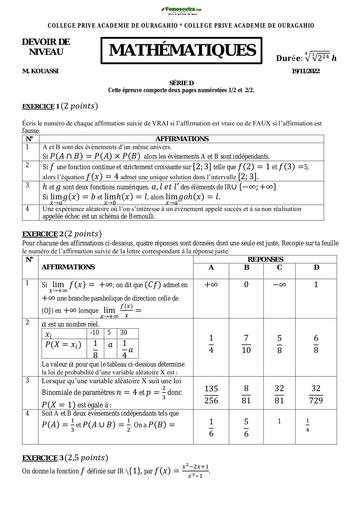 Devoir de Mathématique COLLEGE PRIVE ACADEMIE DE OURAGAHIO