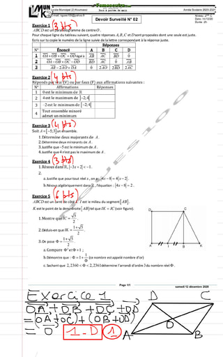 Devoir corrigé de Mathématiques niveau 2ndeC année scolaire 2020/21 - Lycée Municipal Koumassi