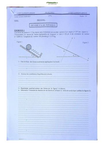 Sujet de Physique-Chimie Seconde C Lycée Classique Abidjan 2022-2023