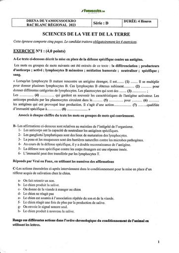 SVT BAC blanc D sujet+barème Yamoussoukro 2023 by TEHUA
