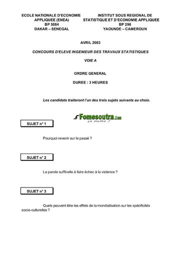 Sujet d'ordre générale ITS A 2003 (ENSAE - ISSEA)