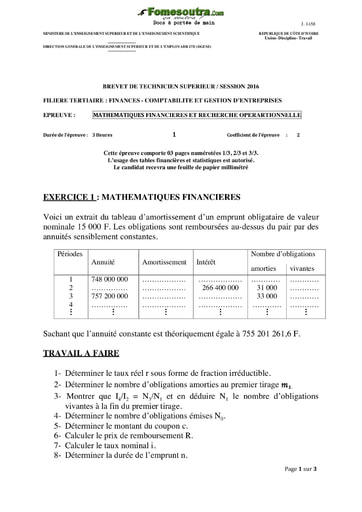 Sujet Mathématiques Financières et Recherche Opérationnelle BTS 2016 Finances Comptabilité et Gestion d’Entreprises