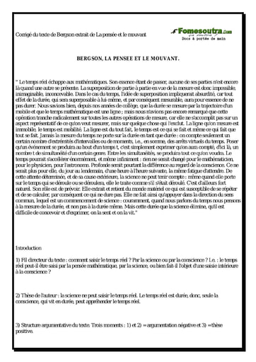 Commentaire d'un texte de Bergson, extrait de La pensée et le mouvement - Sujet corrigé de philosophie niveau Terminale