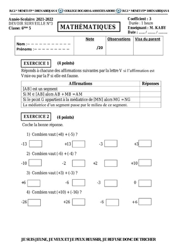 Devoir nombre decimaux et  segment 6ème