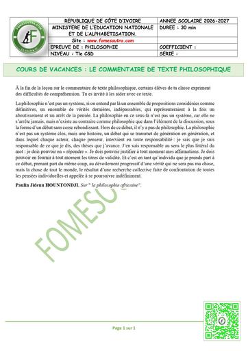 FICHE 5 PHILOSOPHIE Tle C&D COMMENTAIRE PHILOSOPHIQUE by TEHUA