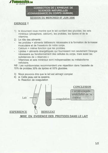 Corrigé Sciences Naturelles concours Aide Soignante 2006