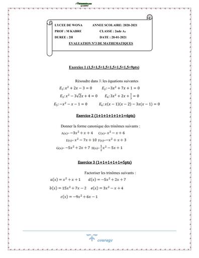DEVOIR DE MATHS 2nde A N°2 LYCEE DE WONA 2021 BY TEHUA