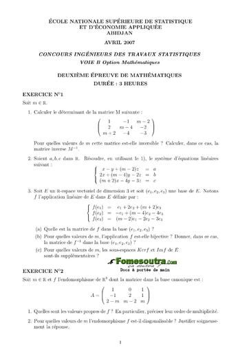 Sujet 2ème épreuve de maths ITS B option Maths 2007 (ENSEA)