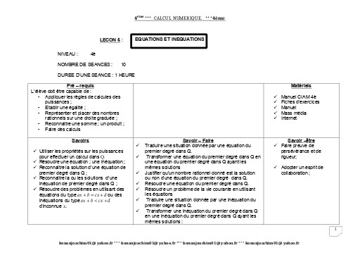 Fiche de cours Maths 4ième Leçon 5 Equations et Inéquations by TEHUA