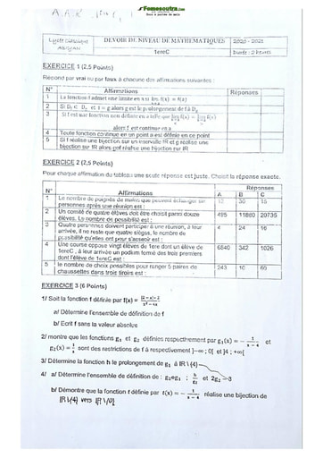 Sujet de Mathématique Première C Lycée Classique Abidjan 2021-2022