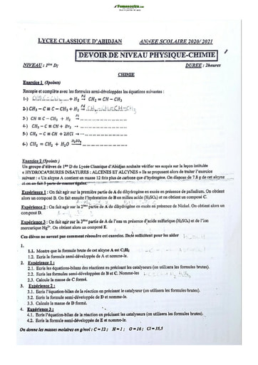 Sujet de Mathématique Terminale D Lycée Classique Abidjan 2021