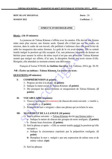 SUJET BEPC BLANC 2022 ORTHOGRAPHE REGIONAL DE BOUNDIALI COTE D'IVOIRE by TEHUA.pdf