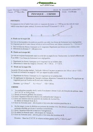 Sujet de Physique-Chimie Niveau Première D Lycée Classique Abidjan 2021-2022
