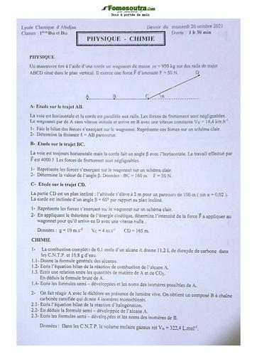 Sujet de Physique-Chimie Niveau Première D Lycée Classique Abidjan 2021-2022