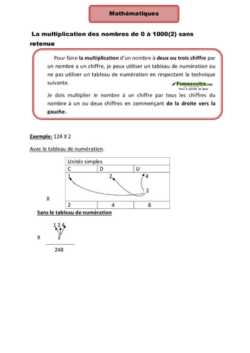 La multiplication des nombres de 0 à 1000 (2) sans retenue - Cours CE1