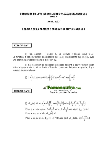 Corrigé 1ère épreuve de maths ITS A 2002 (ENSEA - ENSAE - ISSEA)