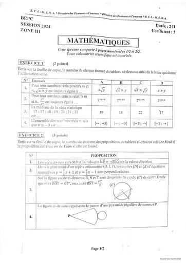 BEPC 2024 Maths + barème Zone 3
