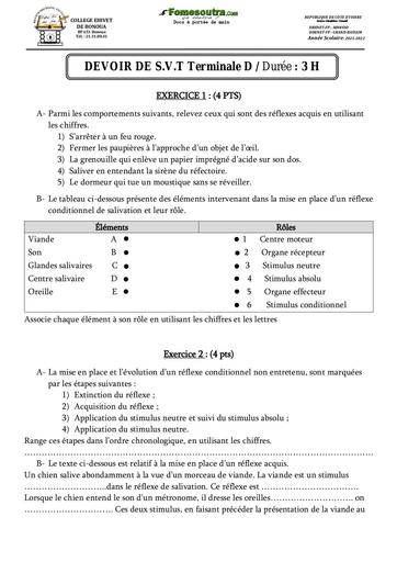 Devoir de SVT niveau Terminale D -  Collège EHIVET  de Bonoua - Année scolaire 2021-2022