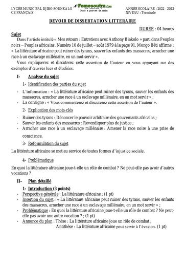 DEVOIR DE DISSERTATION LITTERAIRE Tle