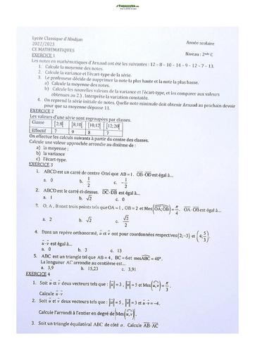 Sujet de Mathématiques Seconde C Lycée Classique Abidjan 2022-2023