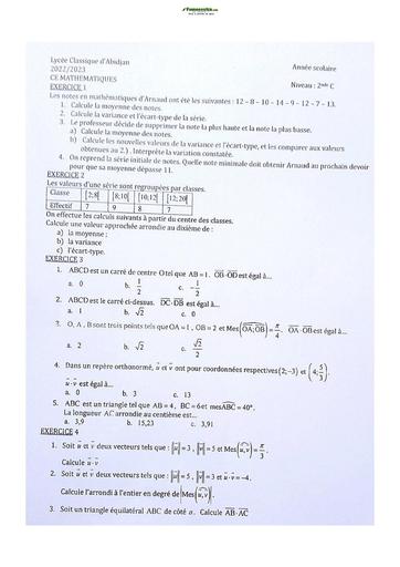 Sujet de Mathématiques Seconde C Lycée Classique Abidjan 2022-2023